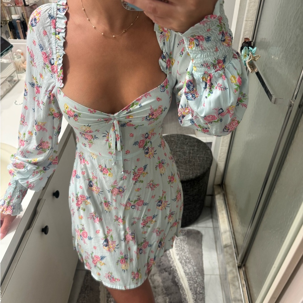 Faithfull the Brand Light Mint Floral Tie-Front Mini Dress